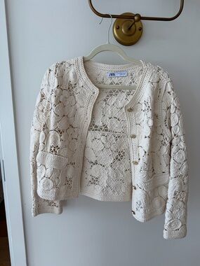 Zara Open-Knit Crochet Button Cardigan in Cream